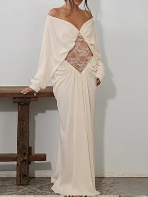 Lace Panel V Neck Off Shoulder Maxi Dress