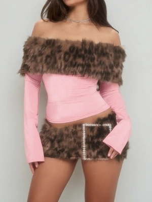 Leopard Fur Trim Off Shoulder Skirt Sets