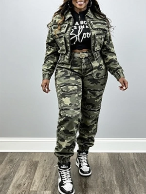Camo Denim Multi Pocket Jacket Pant Sets