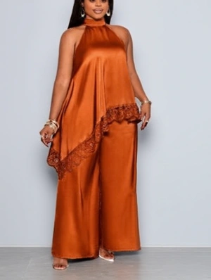 Lace Panel Asymmetrical Hem Halter Pant Sets