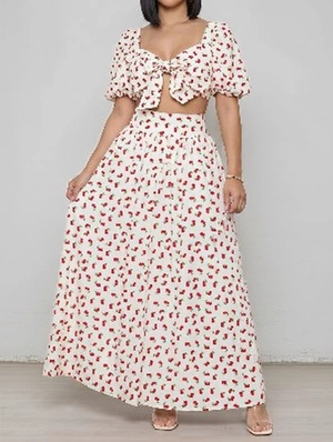 Floral Puff Sleeve Crop Top And Skirt Sets