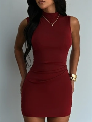 Patchwork Mock Neck Ruched Sheath Dress
