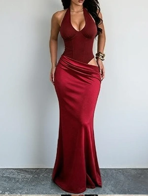 Halter Ruched Deep V Neck Dress