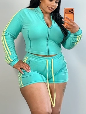 Contrast Striped Trim Zipper Coat Short Sets