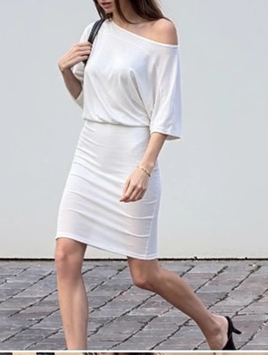 Pure Color Sheath Inclined Shoulder Dress