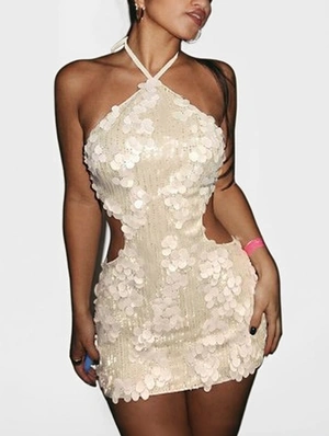 Sequin Halter Backless Lace-Up Mini Dress