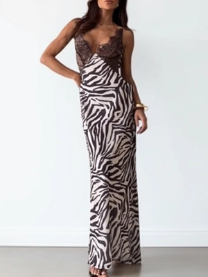 Zebra Lace Panel V Neck Sleeveless Maxi Dress