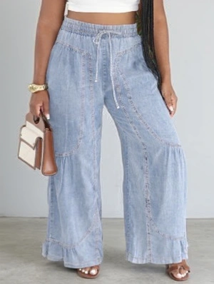 Lined Washed Denim Wide Leg Jeans