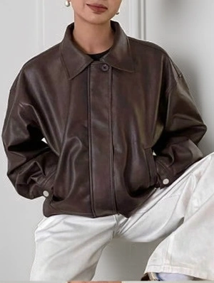 Vintage Loose PU Zipper Lapel Jackets