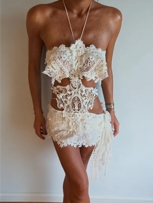 Lace Panel Halter Backless Ribbons Skirt Sets