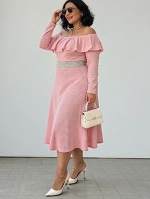 Off Shoulder Ruffle Hem Long Sleeve Midi Dress
