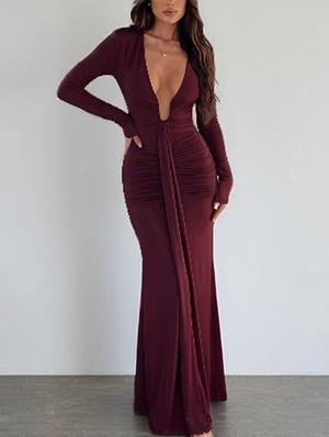 V Neck Pleated Long Sleeve Maxi Dress 