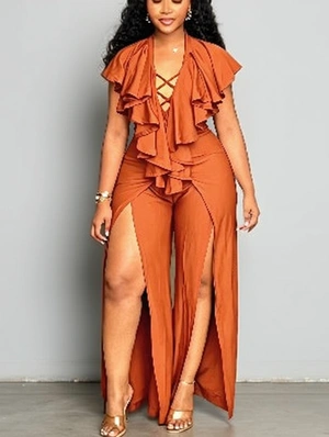 Wide Leg V Neck Ruffle Loose Jumpsuit