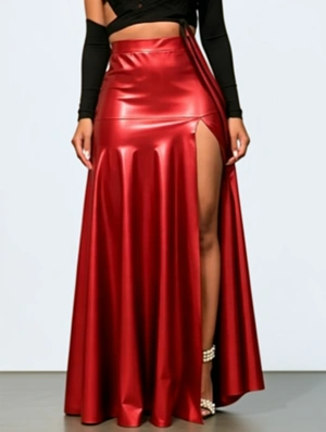 Patent Leather Split Hem Pleated Skirts