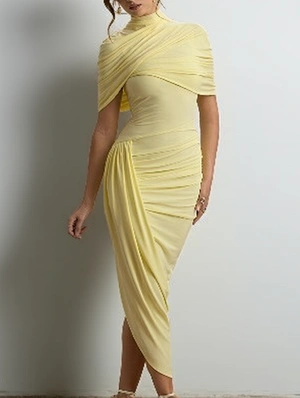 Mock Neck Pleated Cape Sleeve Midi Dress