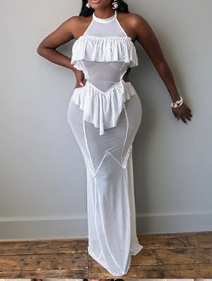 Ruffle Halter Backless Sheer Maxi Dress