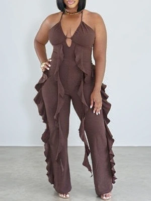 Ruffle Halter Backless Lace-Up Jumpsuits