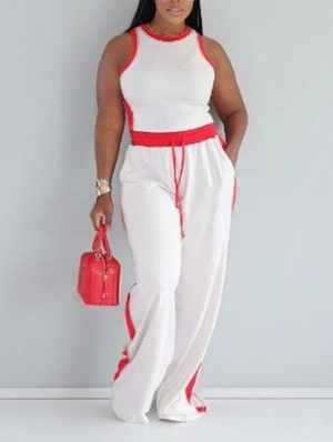 Contrast Striped Trim Cropped Tank Pant Sets