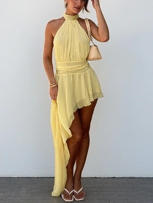 Irregular Ruffle Ribbons Halter Dress