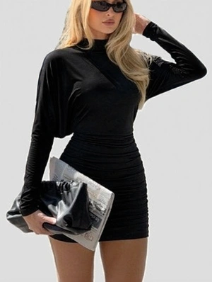 Solid Color Ruched Mock Neck Dress