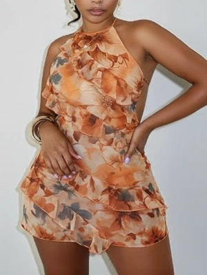 Floral Halter Backless Lace-Up Ruffle Mini Dress