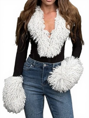 Fur Trim Deep V Neck Fitted Bodysuits