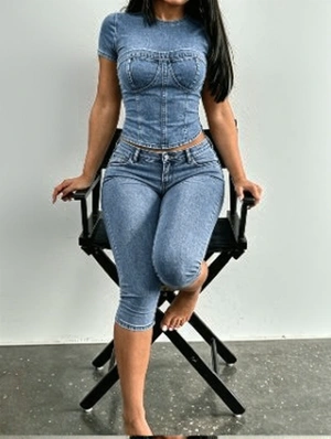 Imitation Denim Printed Capri Pants Sets