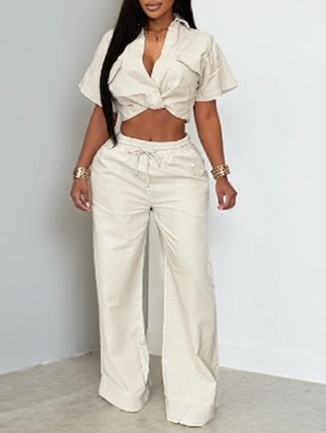 Knot Cropped Shirt Wide Leg Pant Sets