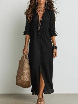 Elbow Sleeve Linen Maxi Shirt Dress