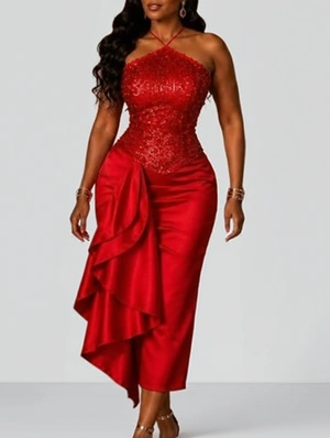 Sequin Halter Backless Lace-Up Maxi Dress