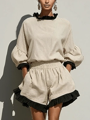 Lantern Sleeve Ruffled Linen Two Piece Shorts Set