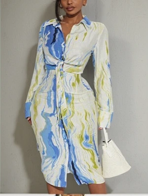 Tie Dye Knot Button Up Shirt Midi Dress