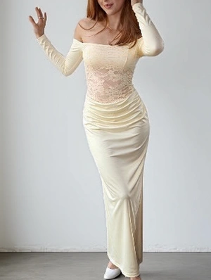 Lace Off Shoulder Long Sleeve Maxi Dress
