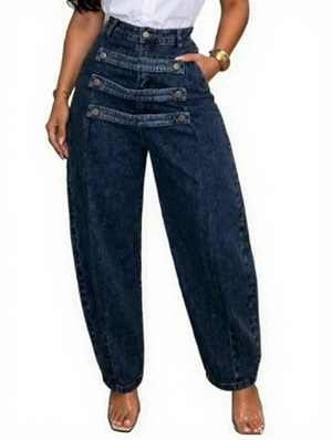 Front Double Buckle Denim Barrel Jeans