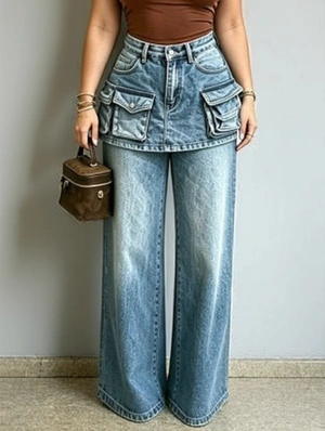 Faux Two-Piece Washed Denim Jeans