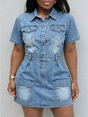 Washed Denim Buckle Lapel Mini Dress