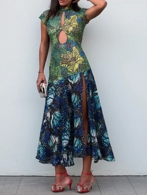 Hollow-out Mandarin Split Hem Maxi Dress