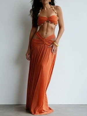 Beading Halter Ruched A-line Skirt Sets