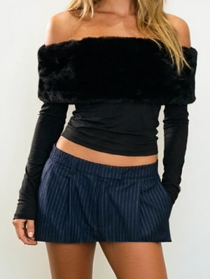 Fur Trim Off Shoulder Cropped Tops