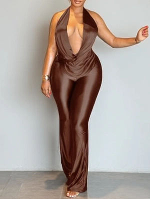 Halter Solid Color Ruched Wing Neck Jumpsuits