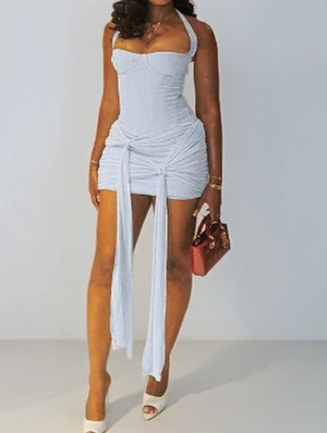 Halter Boat Neck Sheath Tie-wrap Dress