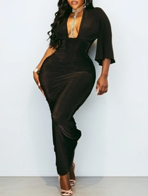 Pure Color Asymmetrical V Neck Sheath Dress