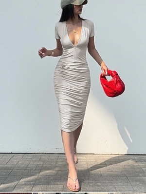 Pure Color Ruched V Neck Bodycon Dress