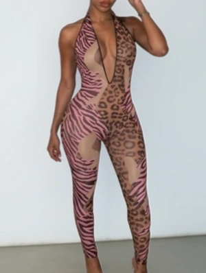 Leopard Halter Backless Deep V Neck Jumpsuits
