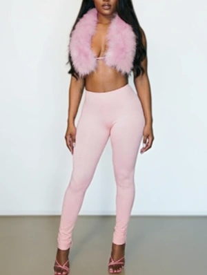 Fake Fur Halter Backless Lace-Up Pant Sets