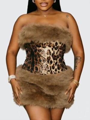 Leopard Sequin Fur Trim Strapless Mini Dress