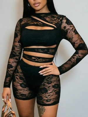 Lace Panel Hollow-out Sheer Rompers