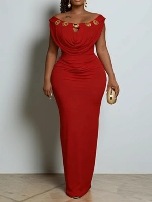 Metal Buckle Off Shoulder Ruched Maxi Dress