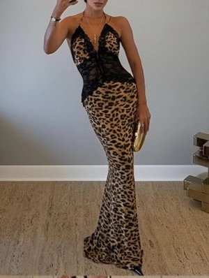 Leopard Halter Lace Panel Sheer Maxi Dress