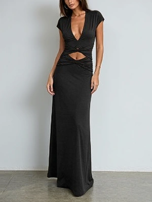 Ruched Deep V Neck Hollow-out Maxi Dress